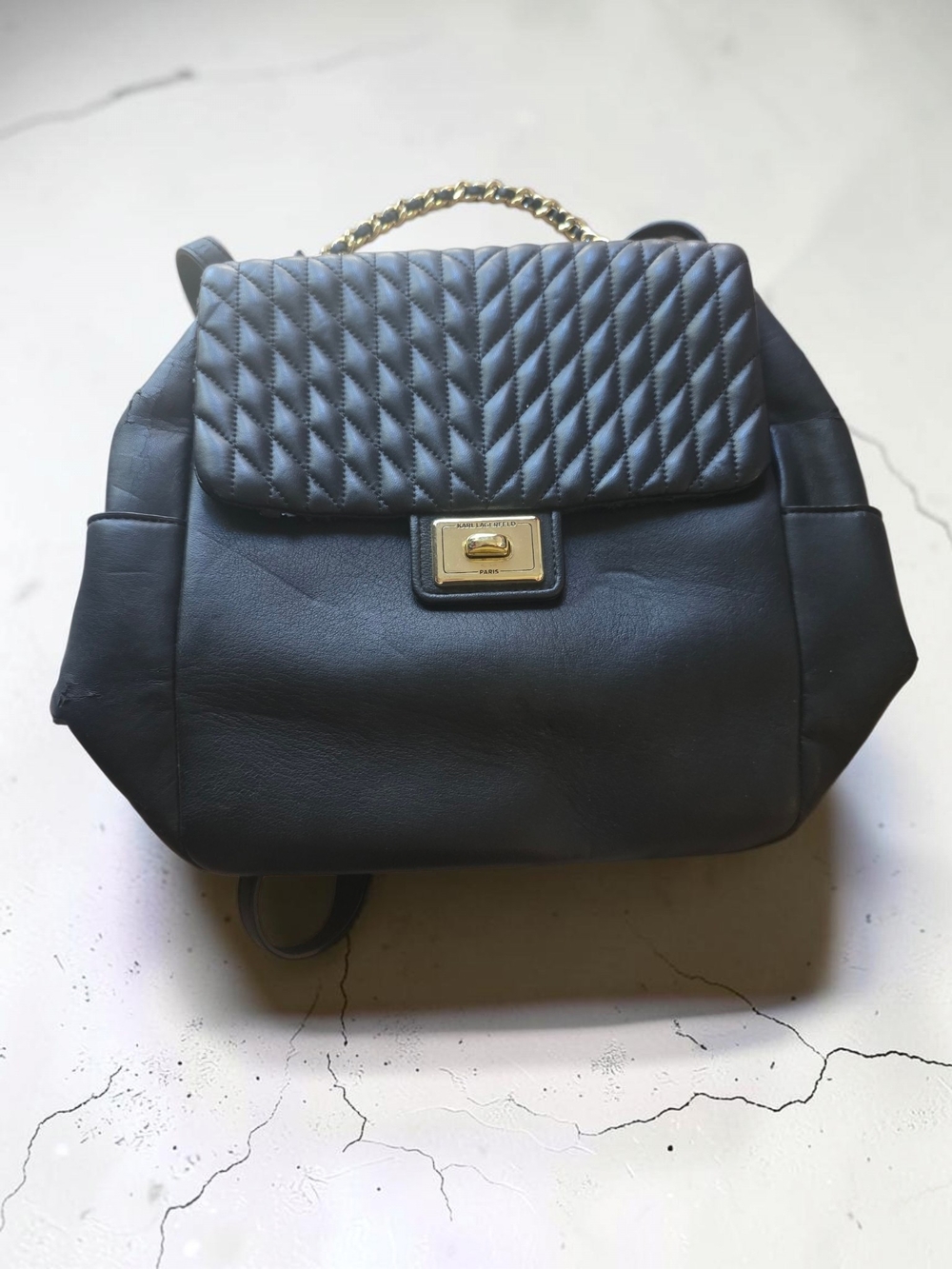 Karl Lagerfield Quilted Flap Black Women's Backpack with Gold Chain Handle